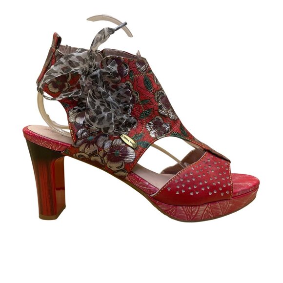 Laura Vita Shoes - Laura Vita Women’s Red Floral Pattern Leather Open Toe Bow Accent Heels Size 10